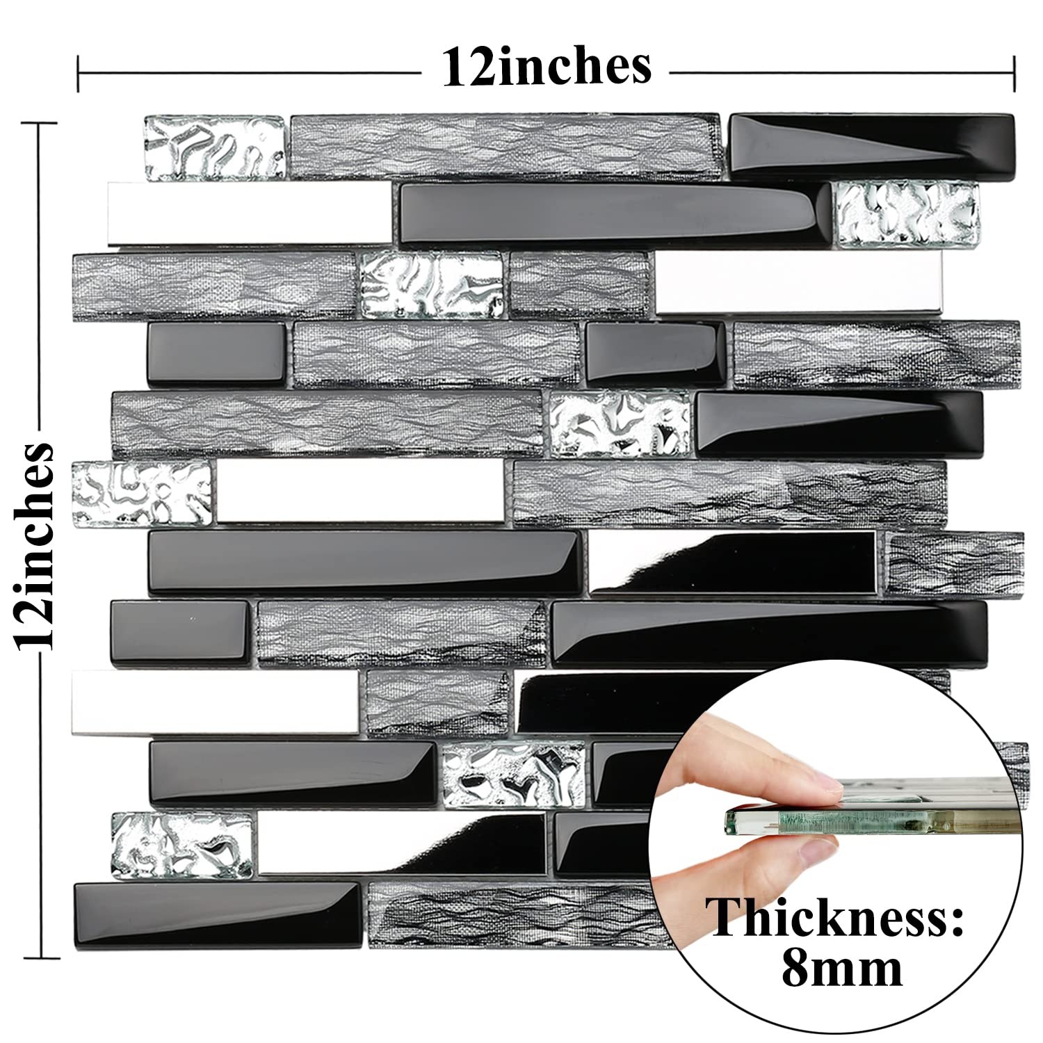 Glass Metal Tiles Art Mosaic Silk Black Crystal Glass Chrome Silver Steel Acc…