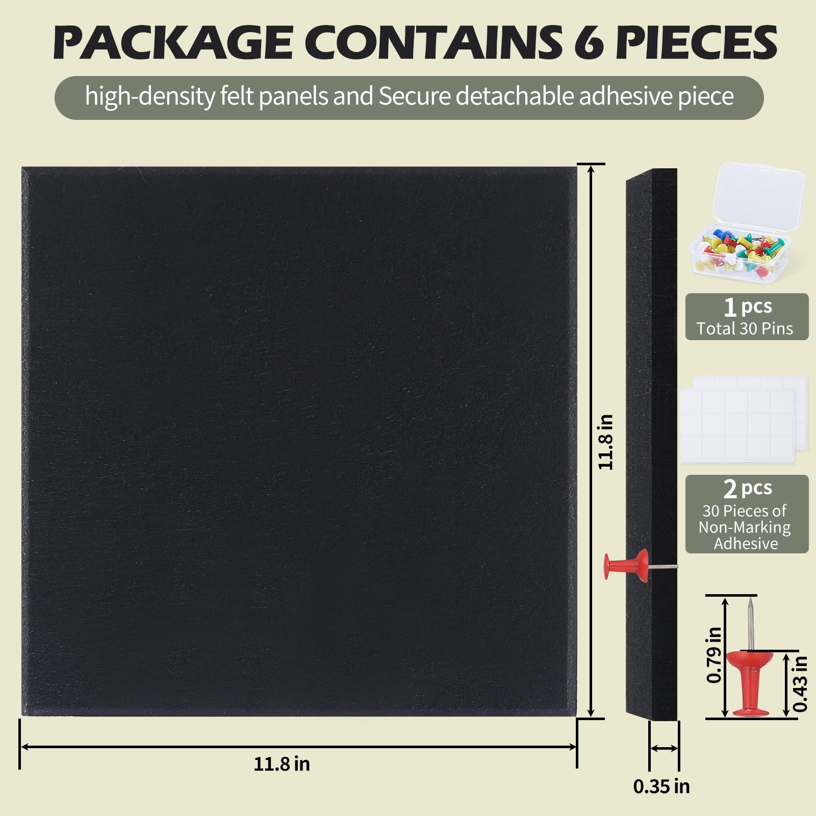 Large Felt Cork Board for Wall 11.8 inches x inches, 6 Pack Black