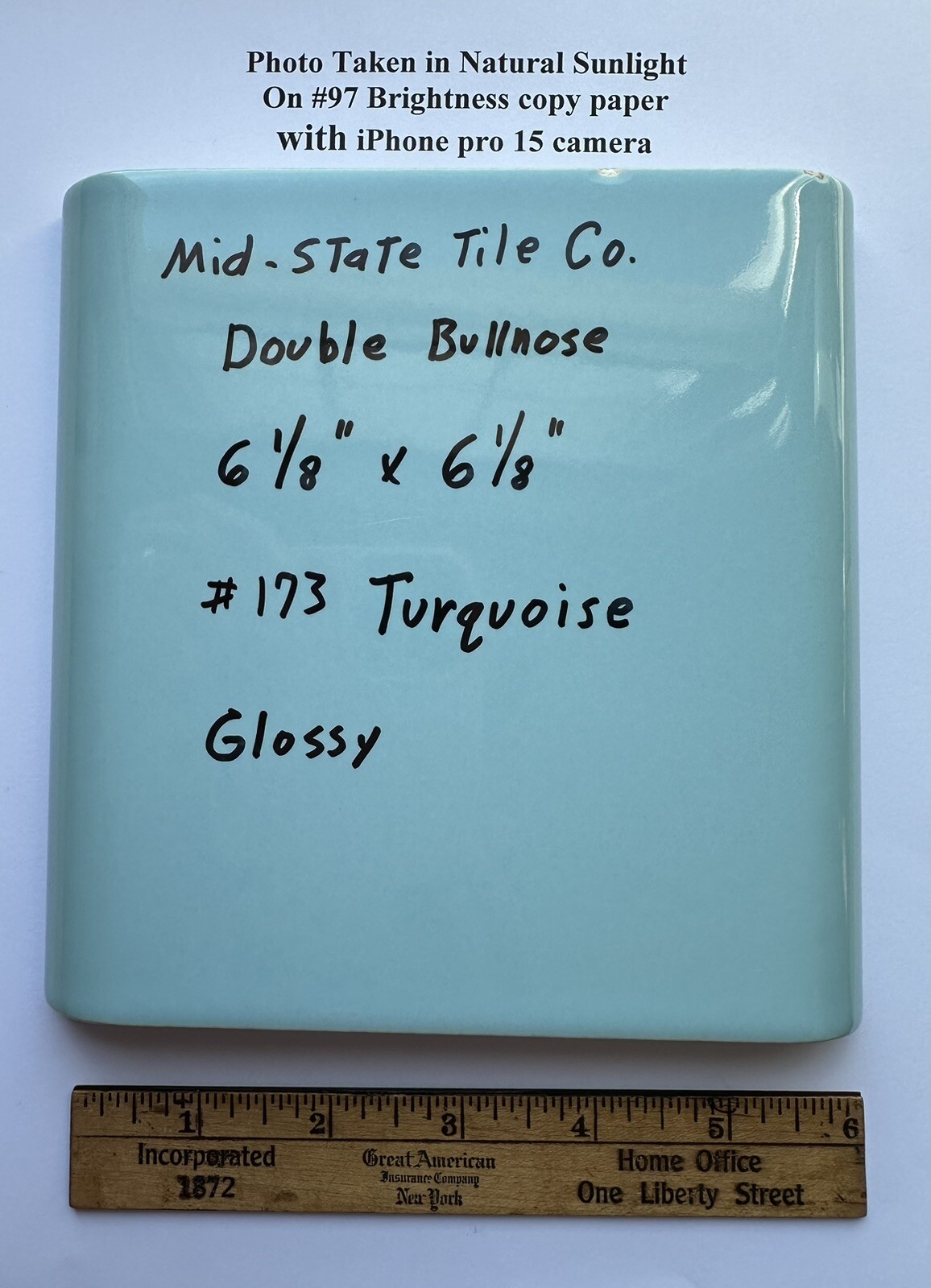 1 pc. Turquoise 6″ x 6″ Double Radius Bullnose Glossy Ceramic Tile: made 1950’s