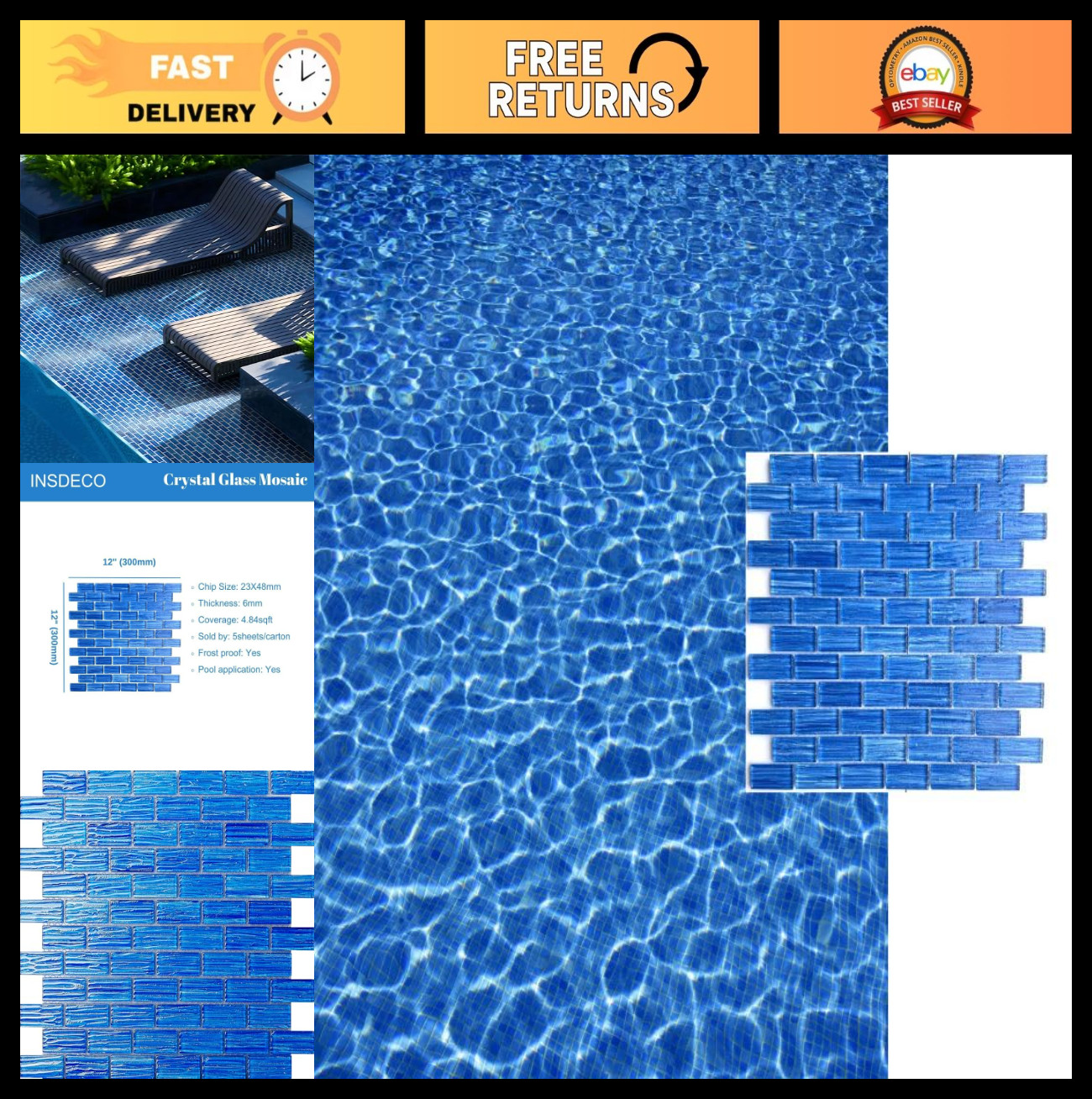 Textured Glass Mosaic Tiles 12″x12″ – Waterproof Subway Backsplash for Kitchen,