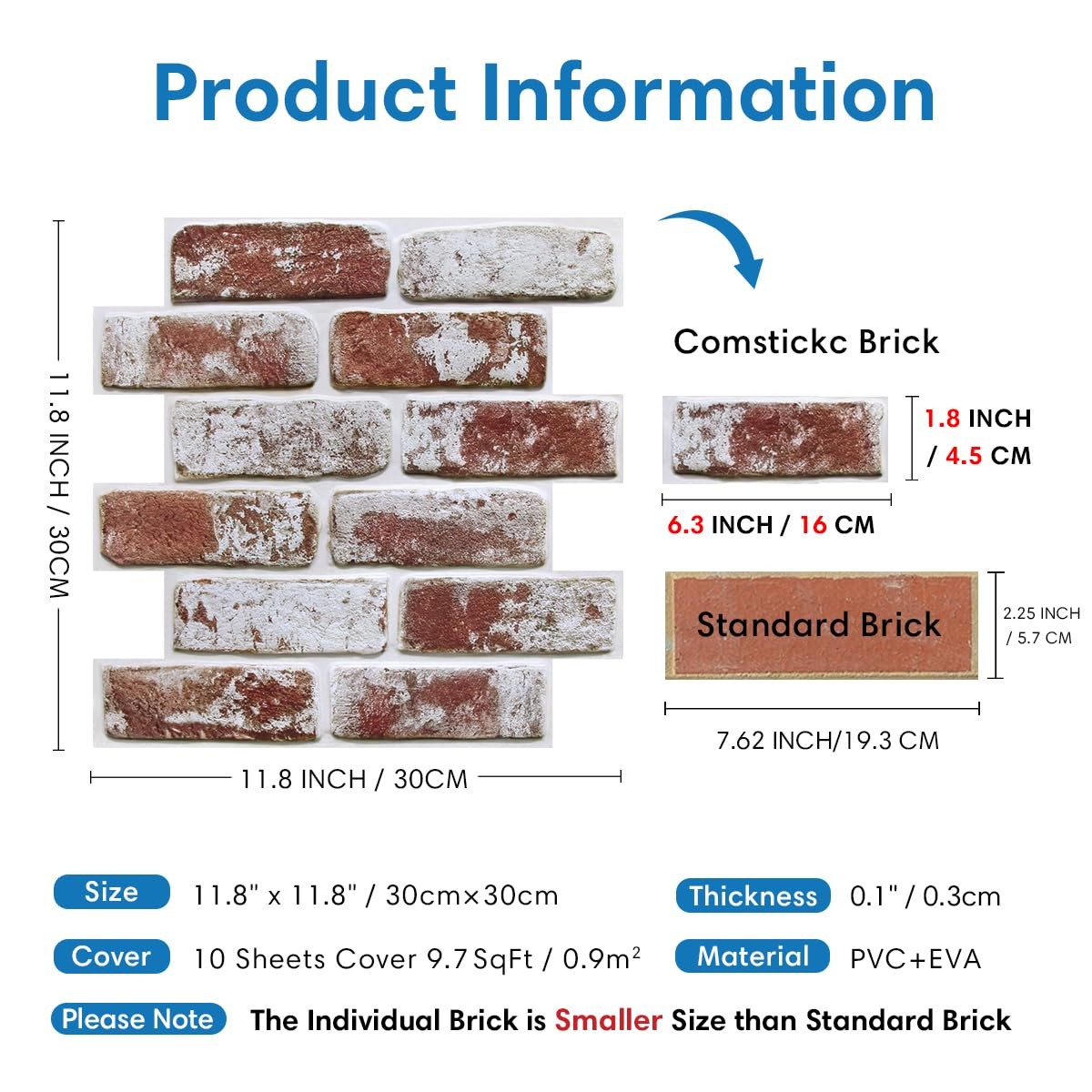 COMSTICKC 3D Faux Brick Wall Panels Peel and Stick,10 Pcs of 12″X12″,Small Si…