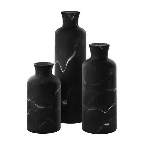 Black Marble Look Vase Set – Vases Home Decor, Premium Matte Black Marble Look