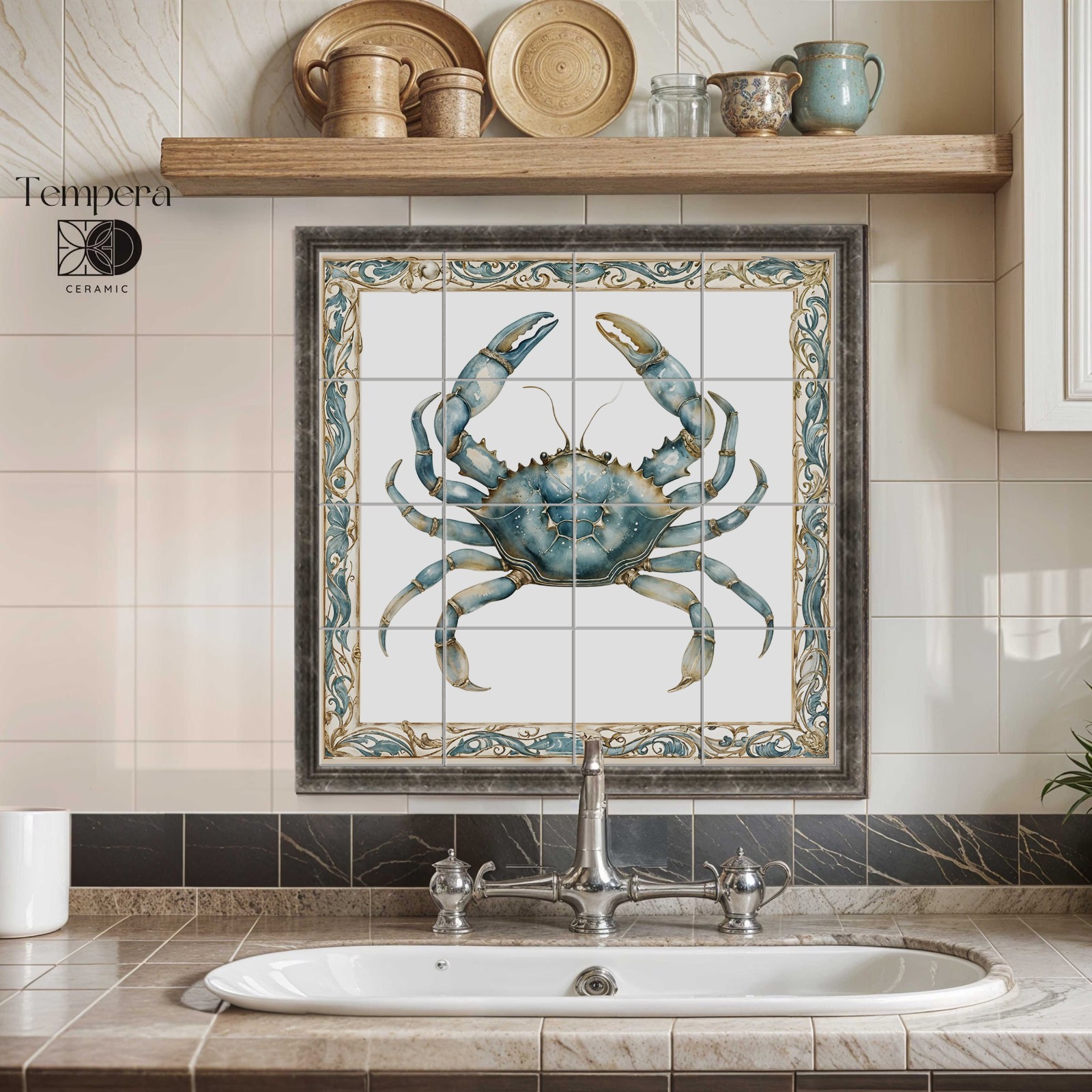 Coastal Crab Tile Mural for Bathroom or Kitchen Backsplash Decor, Crab tiles art