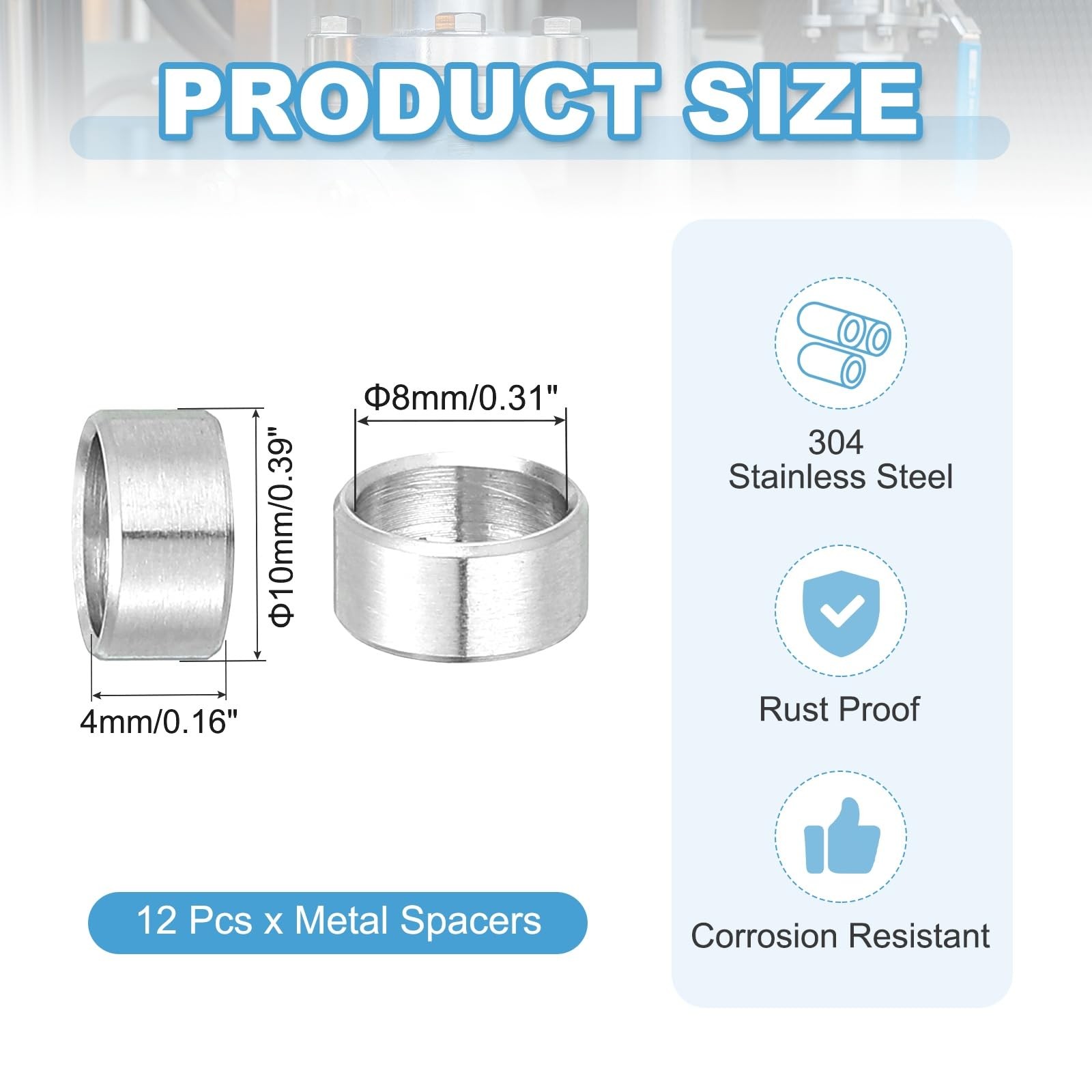 PATIKIL M8 Stainless Steel Spacers, 8mm ID x x 10mm OD x 4mm, Silver