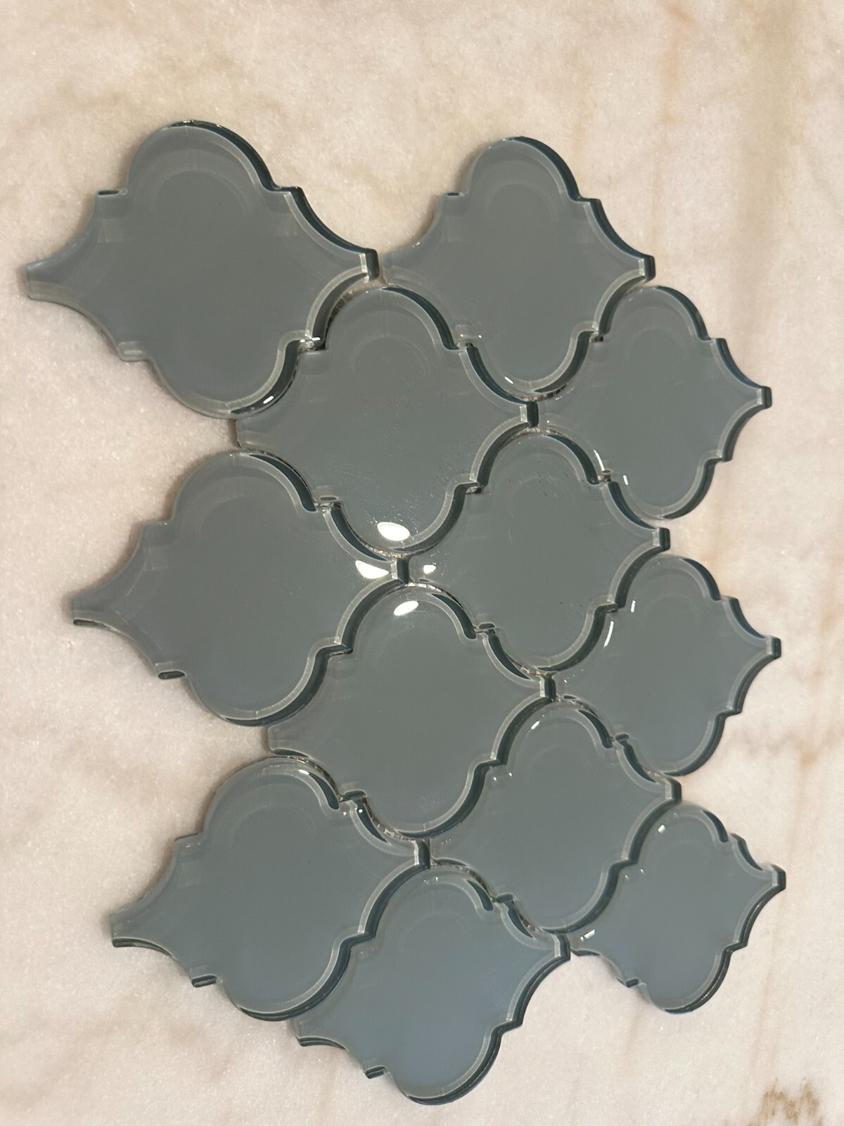 Gray Arabesque Glossy Glass Mosaic 9″x13″ Offset