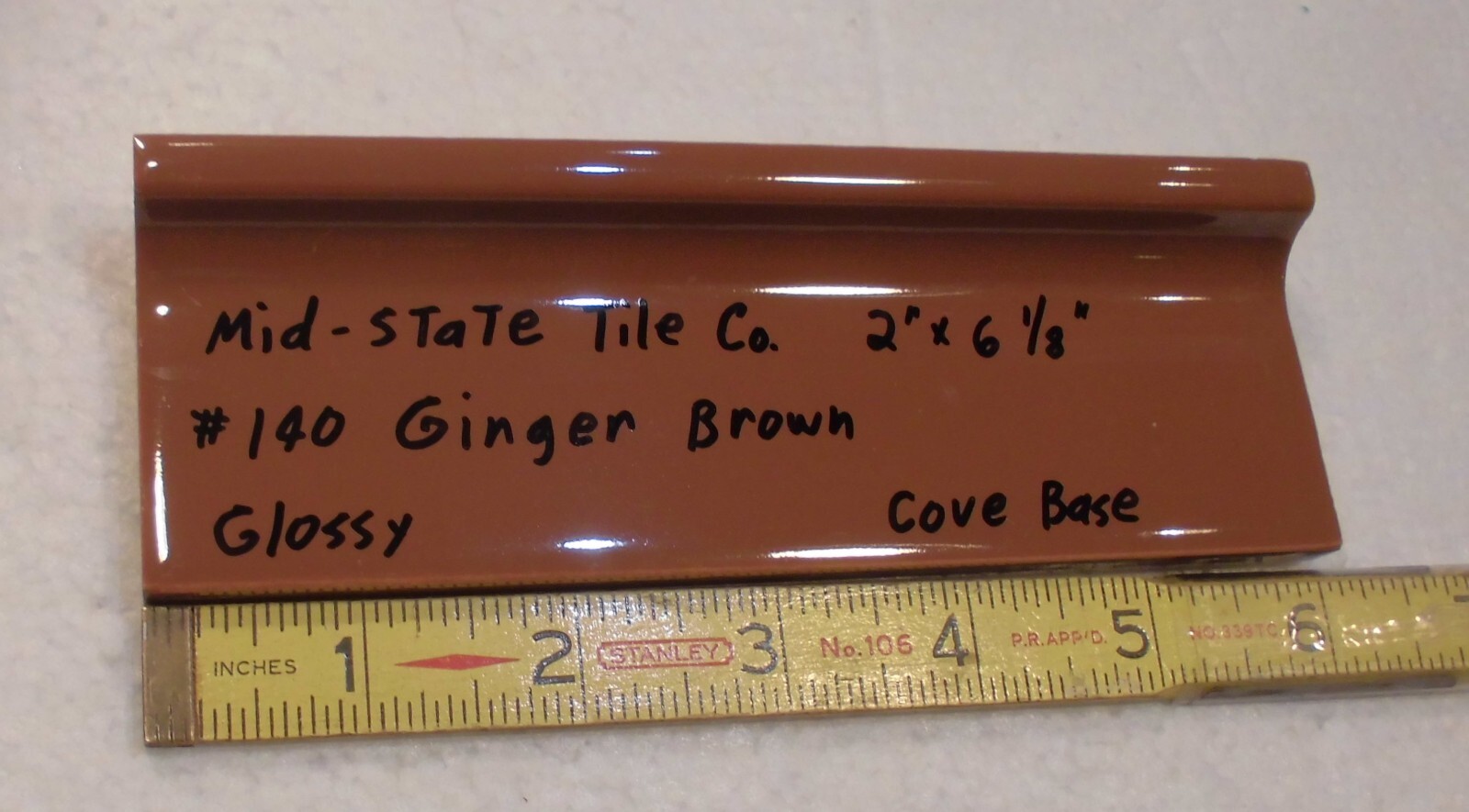 1 pc. Medium Brown: 2” X 6-1/8” Glossy Ceramic Cove Base Tile, Flat Top, NOS