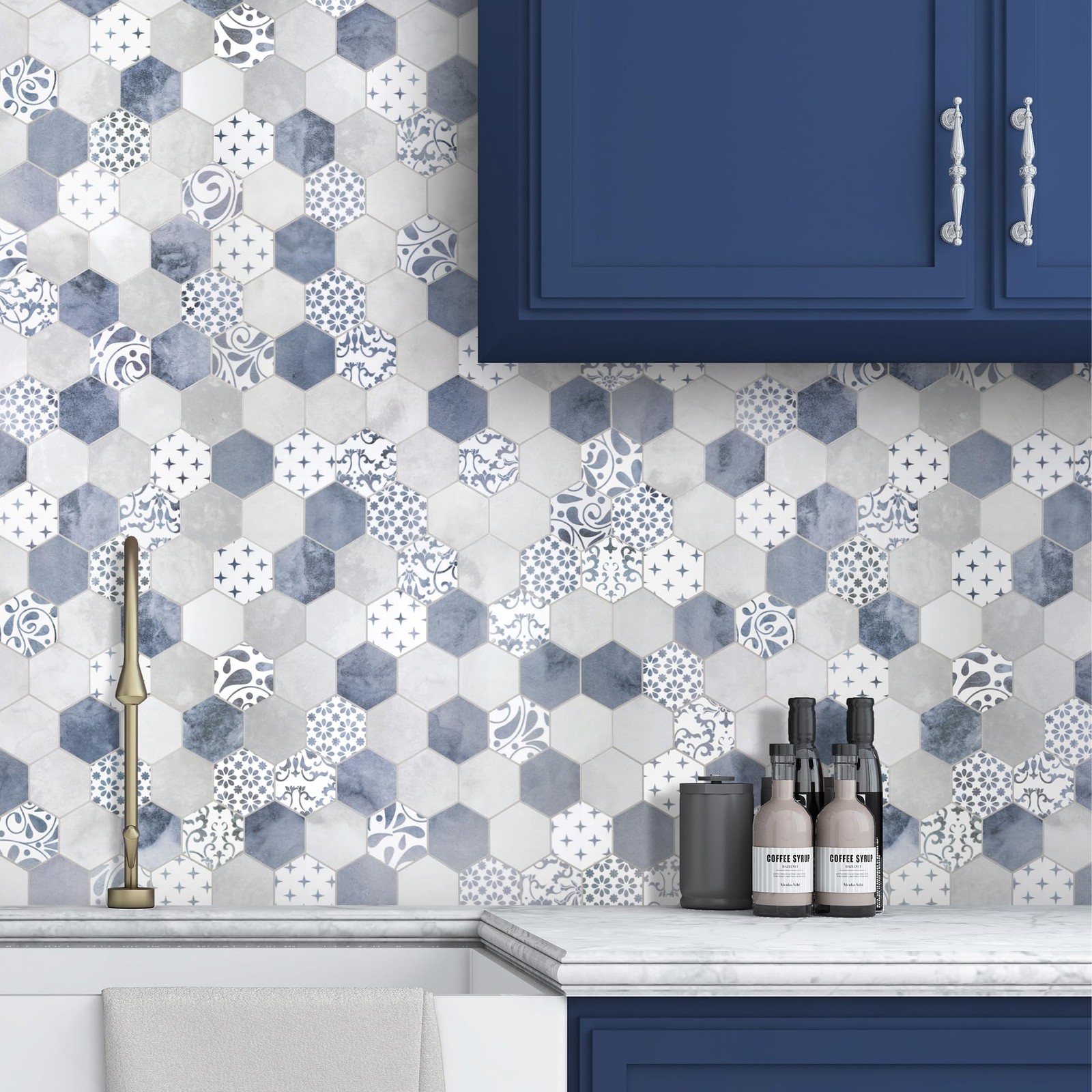 10-Sheet Peel and Stick Backsplash, Blue Cement Hexagon Stone Composite Marbl…