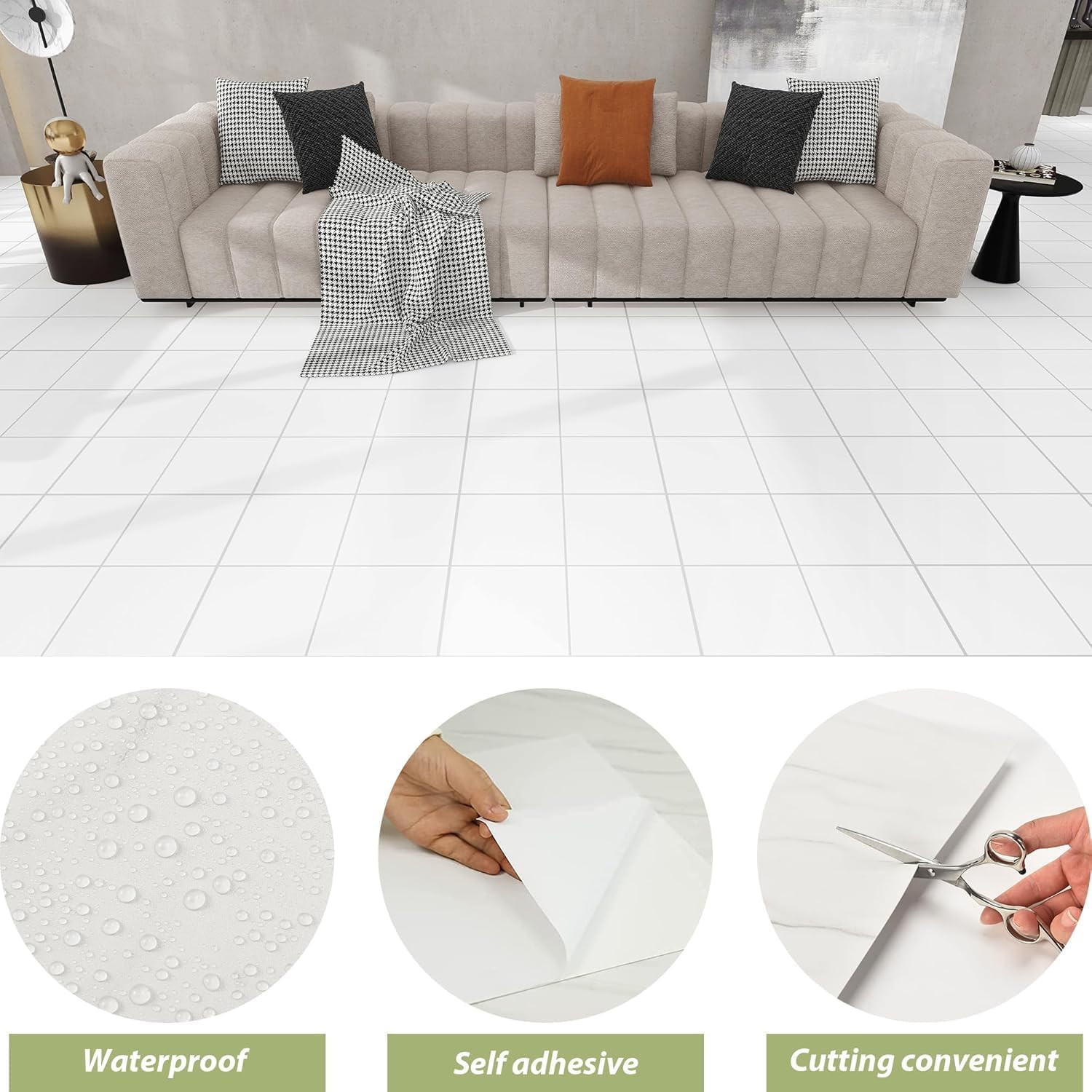 20Sq.Ft White Marble Peel and Stick Vinyl Floor Tiles,20 Tiles – 12″ X 12″,Water