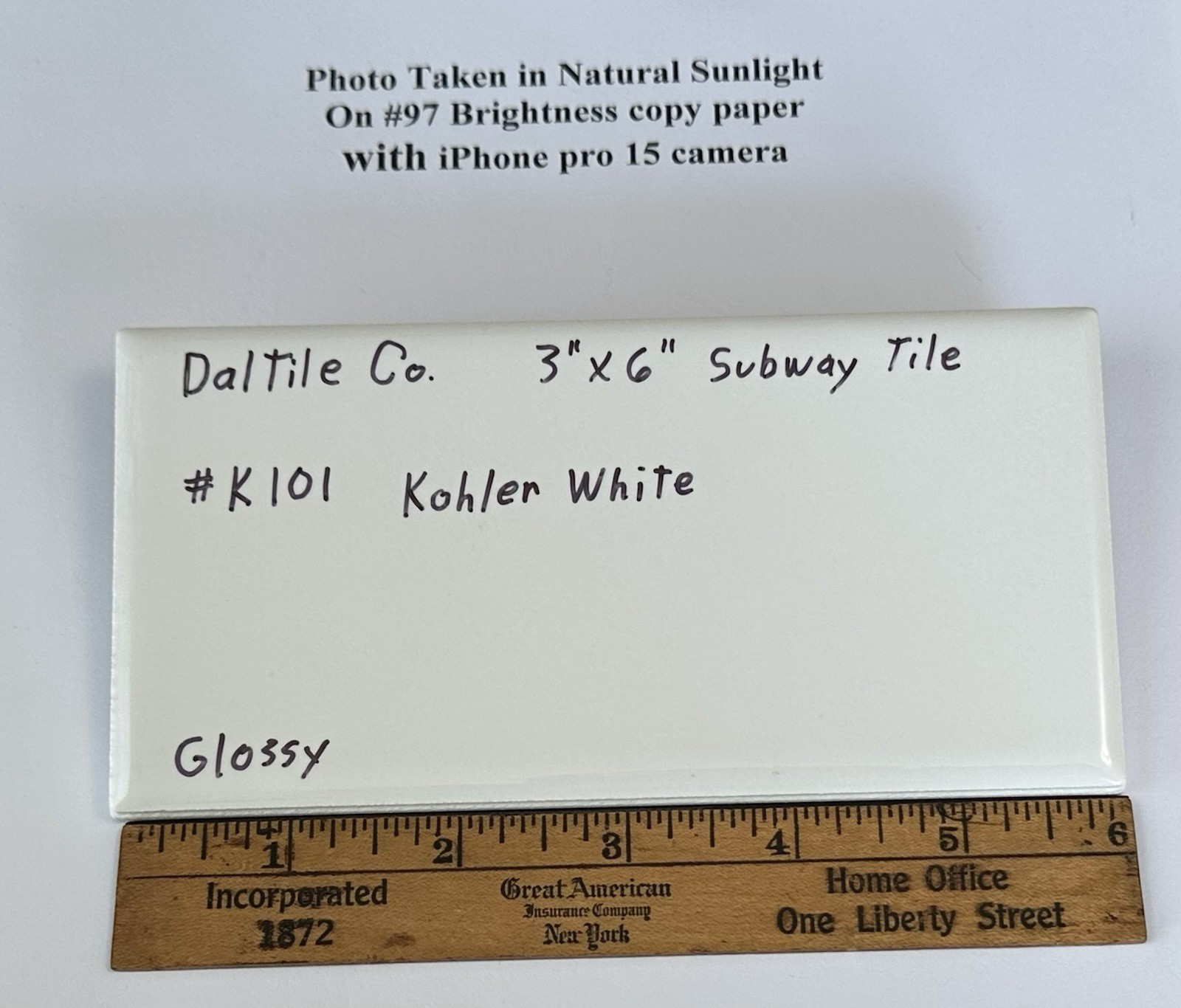 1 pc. Kohler White by Daltile #K-101: 3″ X 6″ Glossy Ceramic Tile, New Stock
