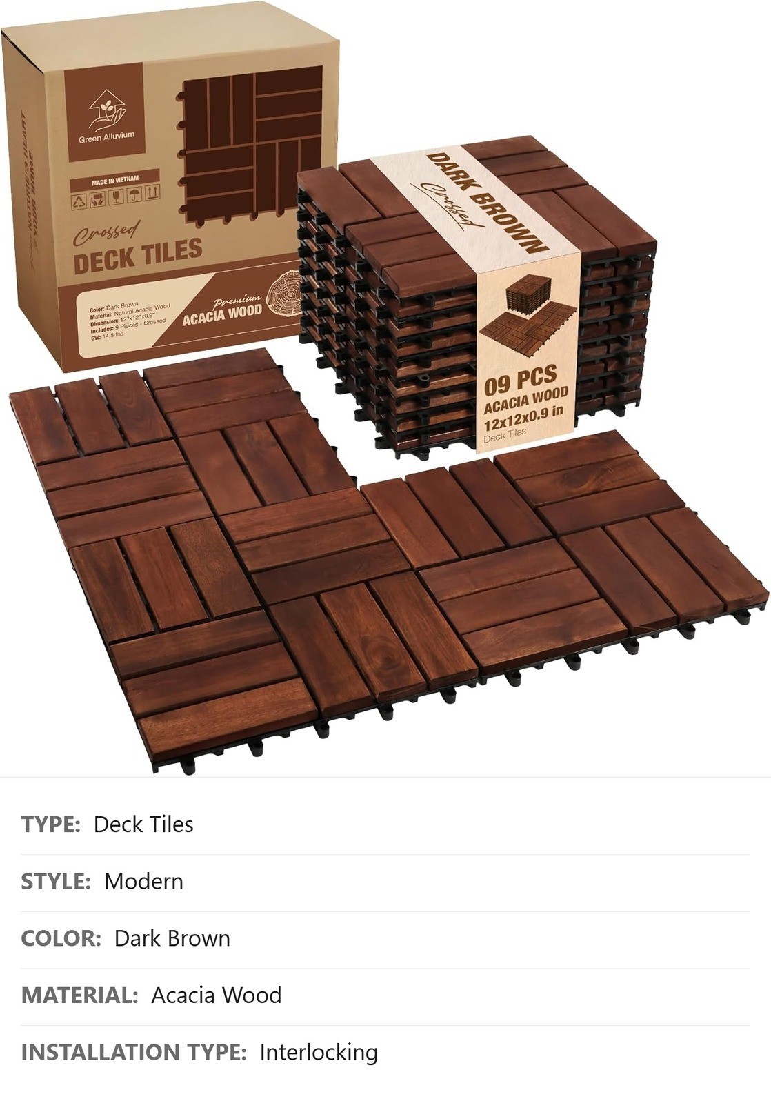 Acacia Wood Interlocking Deck Tiles, 9 Pc, 12″ x 12″ x 0.9″, Dark Brown