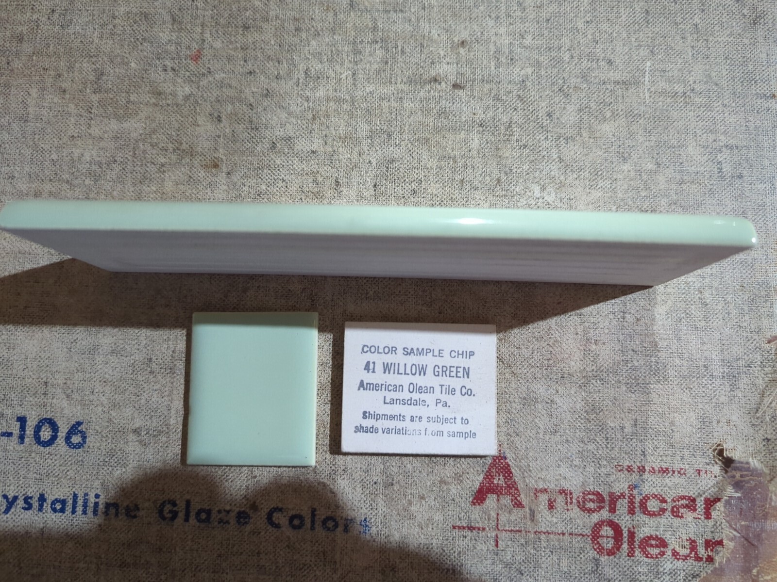 2 pieces S4269 2×6 Ceramic Tile AO #41 Willow Green thinset bullnose