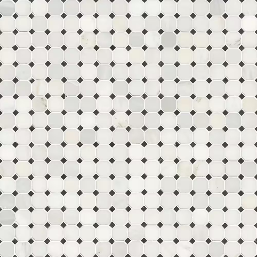Greecian White 12X12X0.38 In. Honed Marble Octagon Mosaic White Marble and Black
