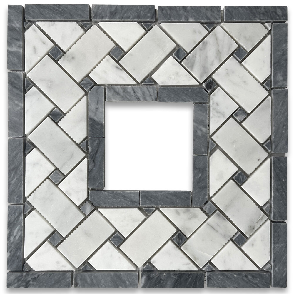 C657CXP Basketweave Mosaic Corner Carrara White Marble Dark Gray Dots Polished