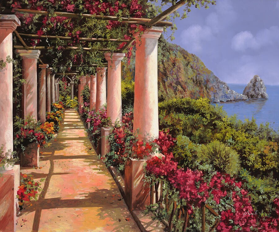 ceramic tile mural backsplash. Bougainvillea terrace garden ocean view. Italy