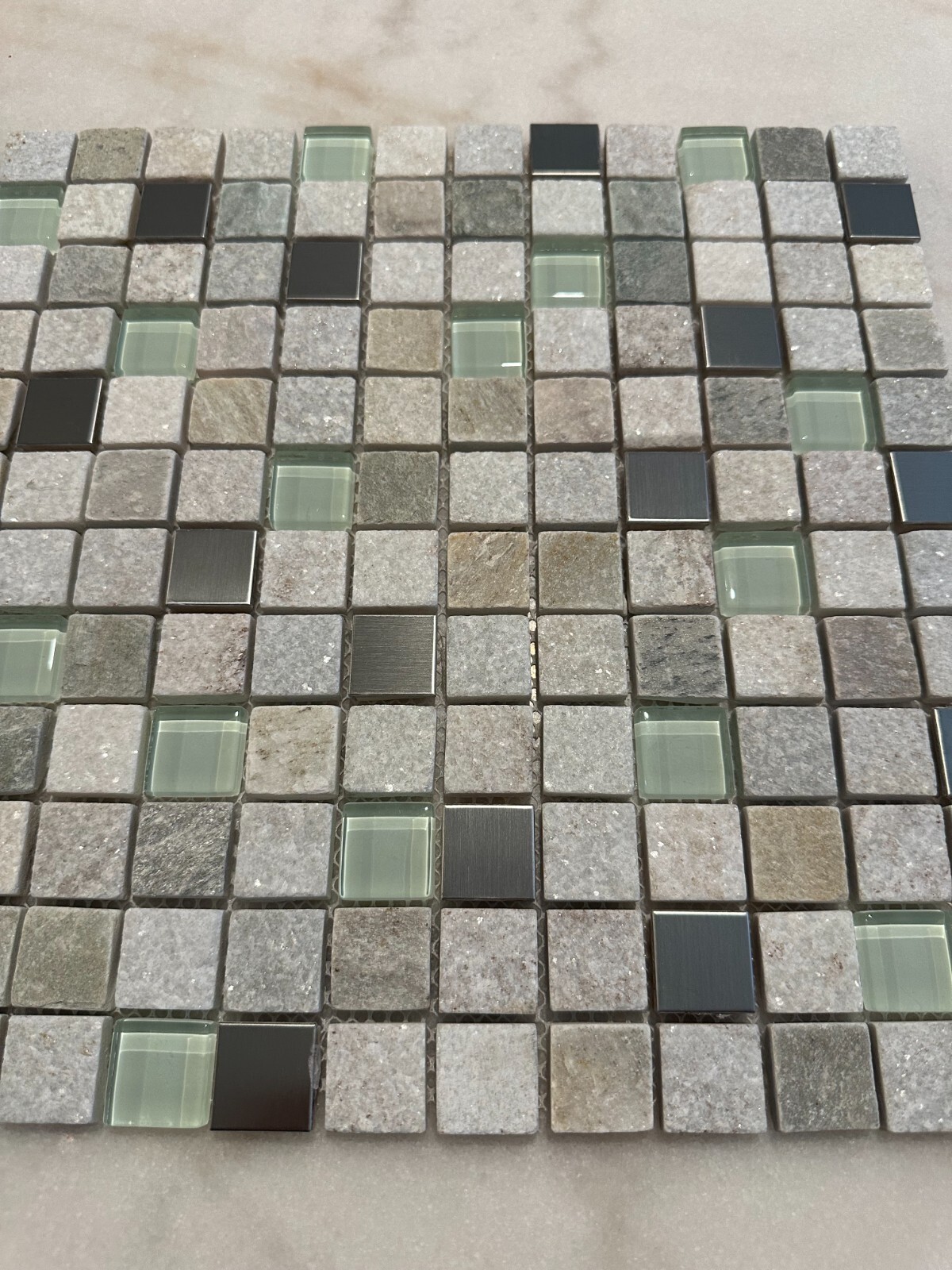 1″x1″ Stone, Metallic, and Glass Mix Mosaic Stacked Meshed Mounted