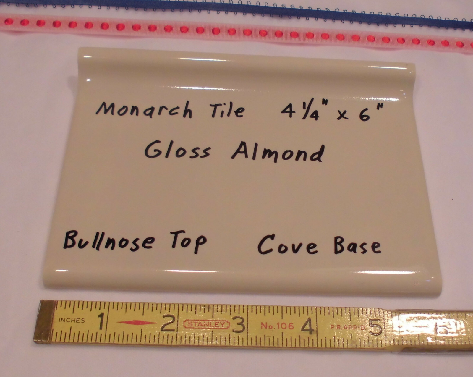 1 pc. Gloss Almond: Bullnose Top Cove-Base Ceramic Tile: 6″ X 4-1/4″ Monarch Co.