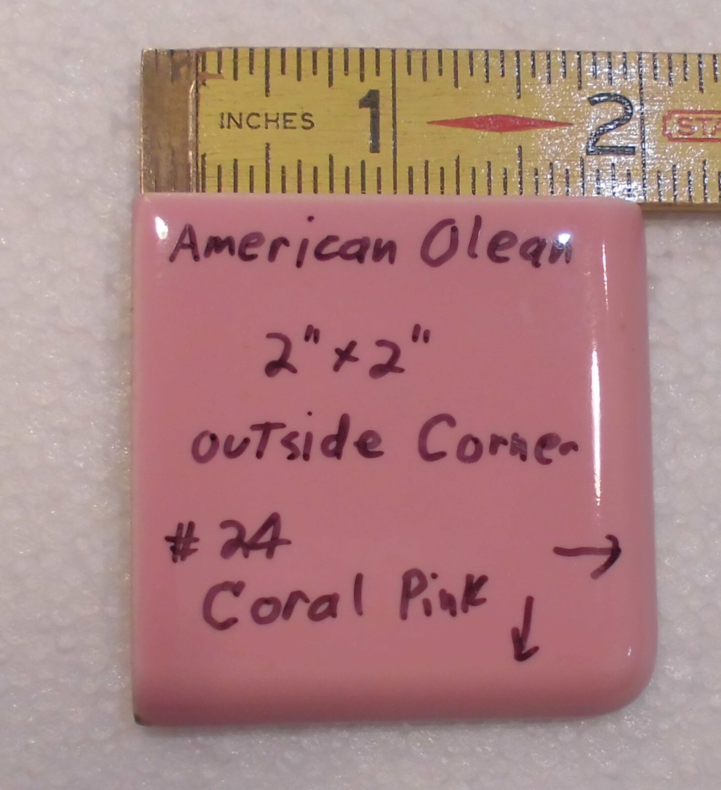 1 pc. Coral Pink: 2″ X 2″ X 5/16″ Glossy Ceramic Surface Bullnose Corner Tile