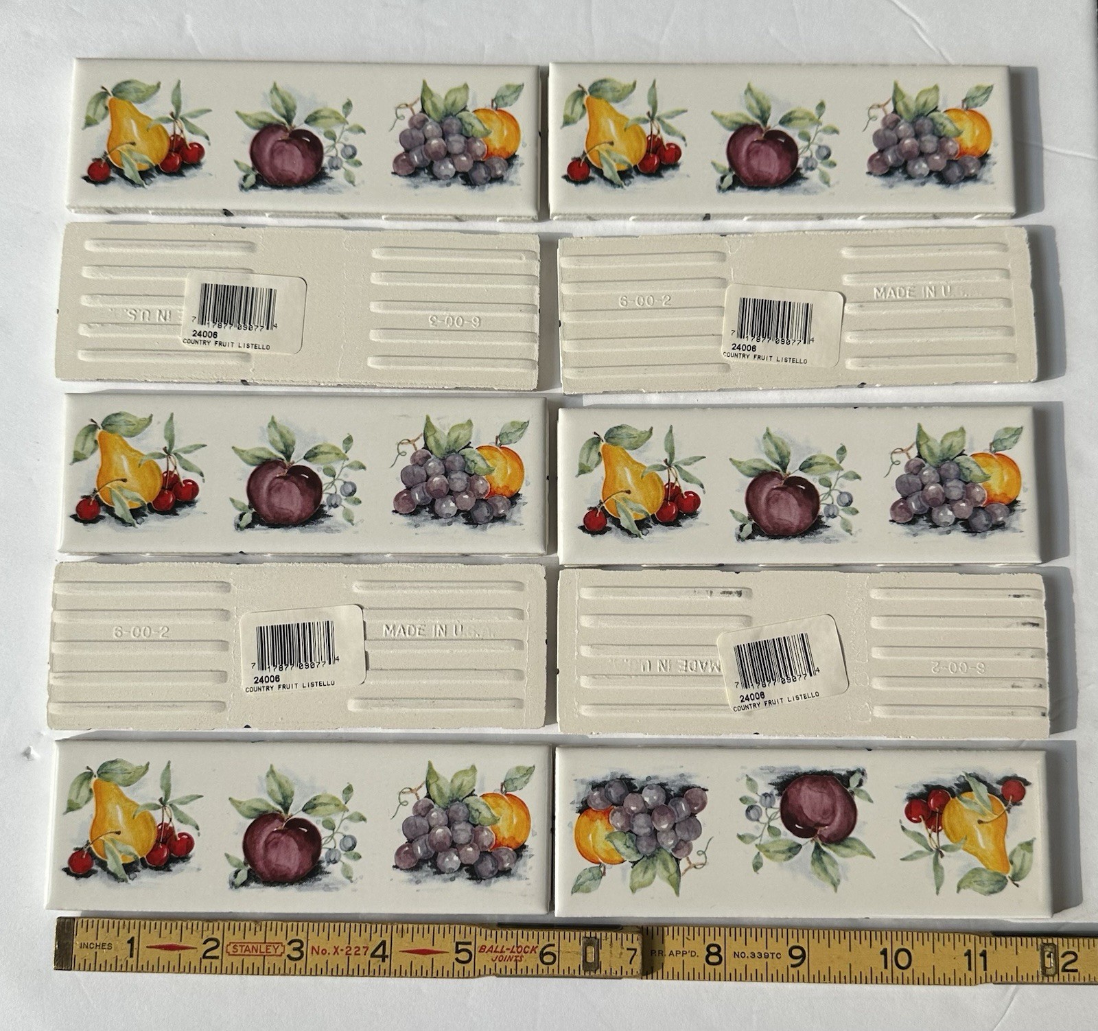 10 pieces: 2″ X 6″ Decorative Ceramic Listello Tile, Country Fruit, made USA