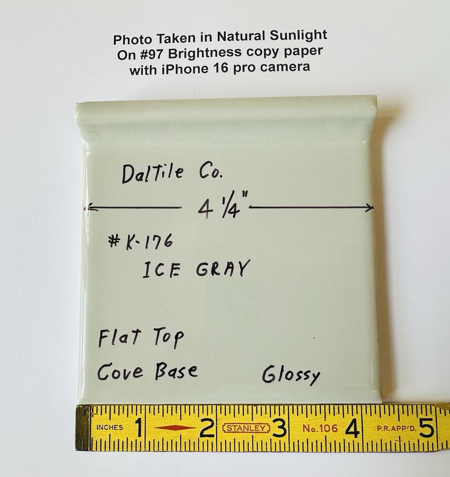 1 pc. Gloss Ice-Gray: stack-on-top Cove Base Ceramic Tile, 4-1/4″ by Daltile NEW