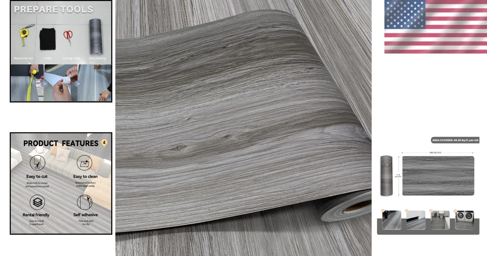 Wood Grain Peel Stick Floor Tile – 11.8″ Wide Roll, Waterproof, Non-Slip, Vinyl