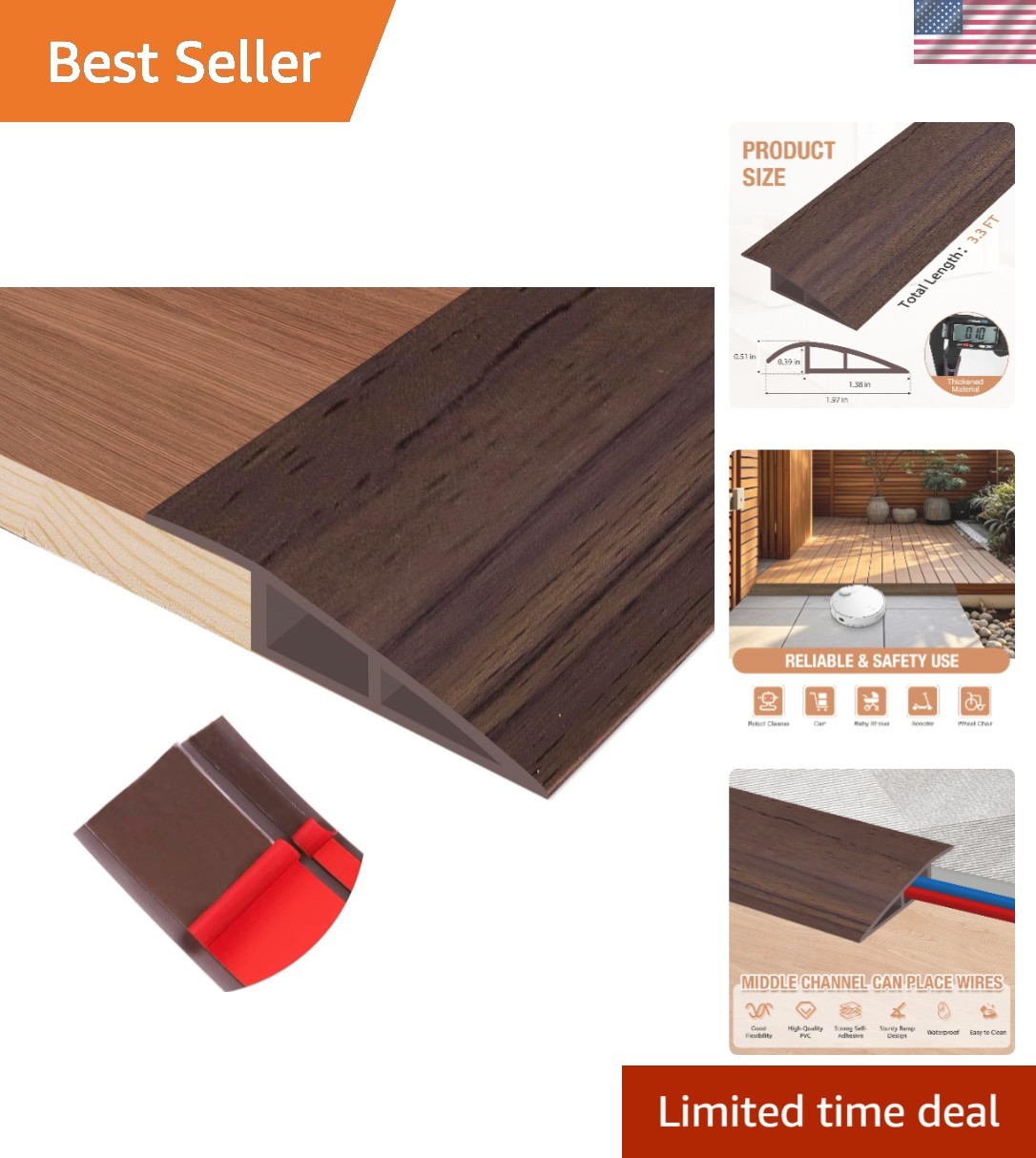 Easy Install Deep Brown Floor Transition Strip – 1/5″ to 2/5″, 3.3ft PVC Design