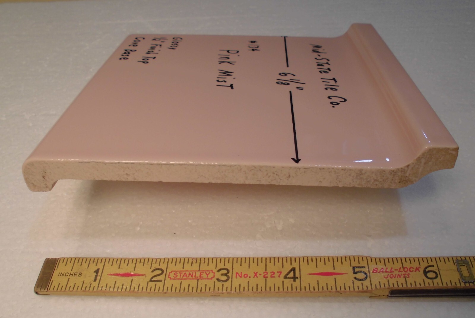 1 pc. Vintage Glossy *Pink Mist* 6” X 6” Ceramic Cove Base Tile by MID-STATE