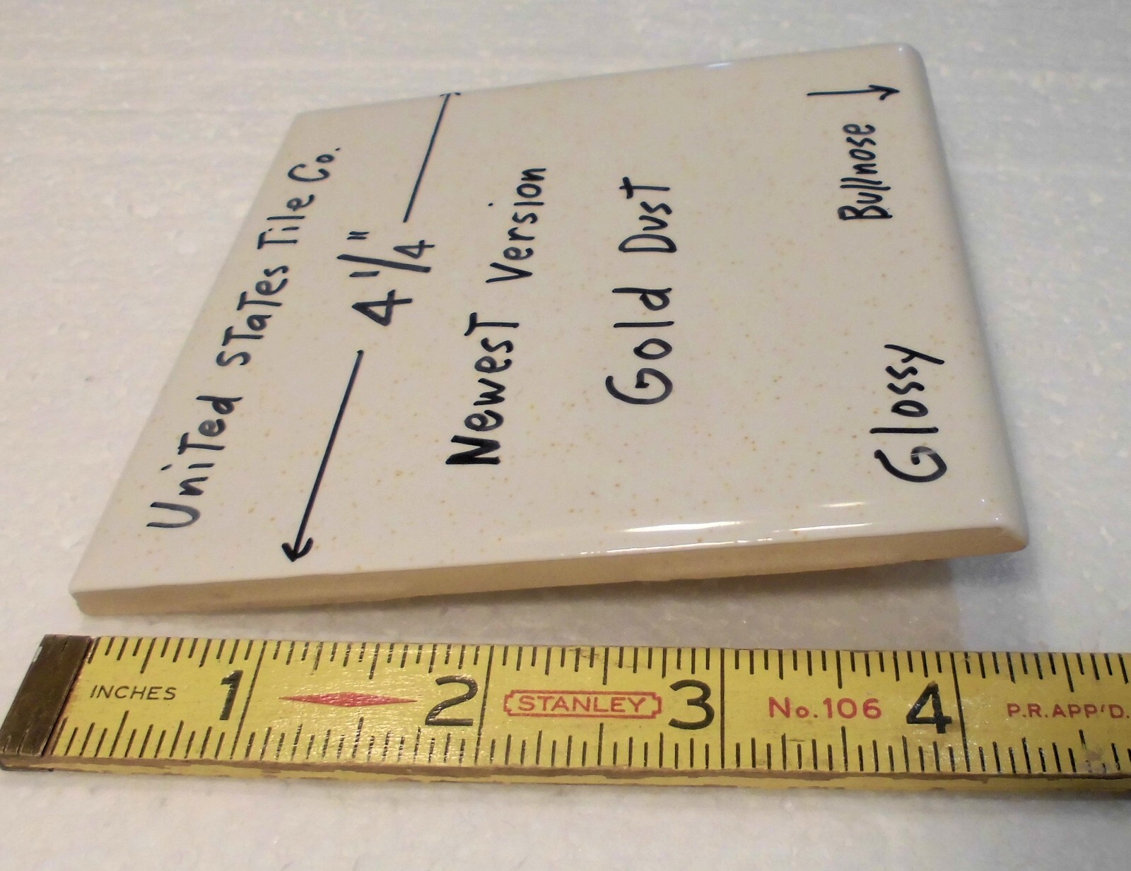1 pc. Gold Dust: Glossy Ceramic Bullnose Tile: vintage white color, gold specks