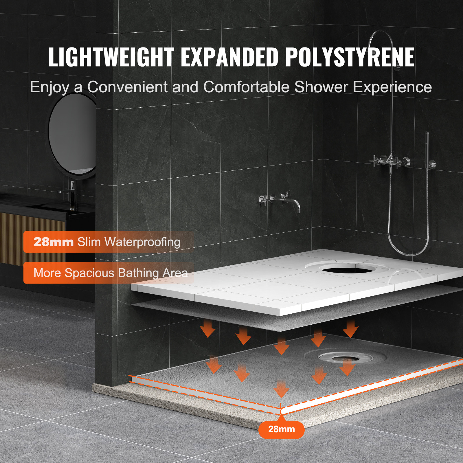 VEVOR Waterproofing Shower Curb Tray Kit 60″x38″ w/ Offset Drain Thickened