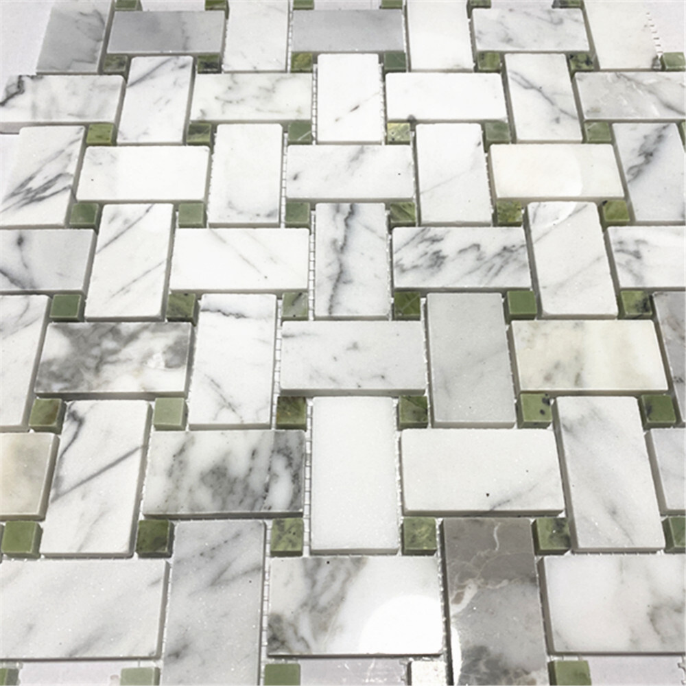 L652XP Basketweave Statuary White Marble 1×2 Mosaic Tile Green Dots Polished