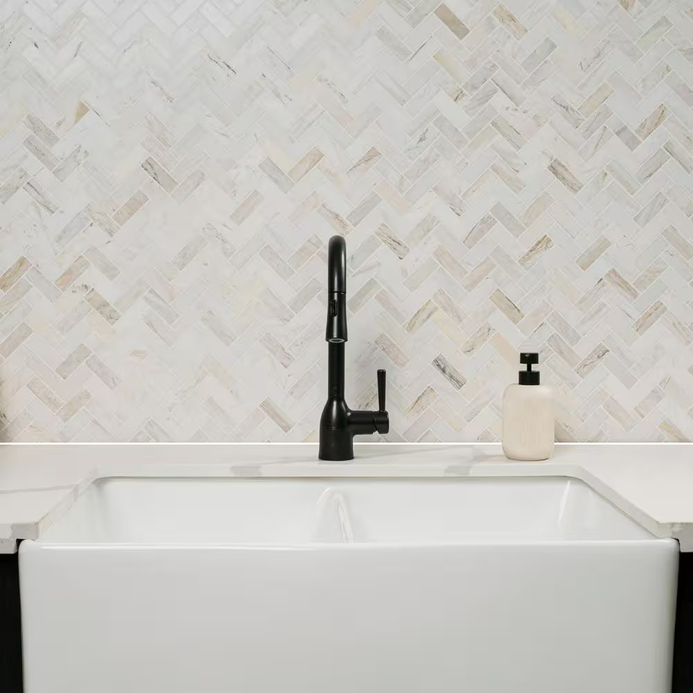 Angora Herringbone 12 In. X 14 In. X 0.38 In. Polished Marble Mesh-Mounted Mosai