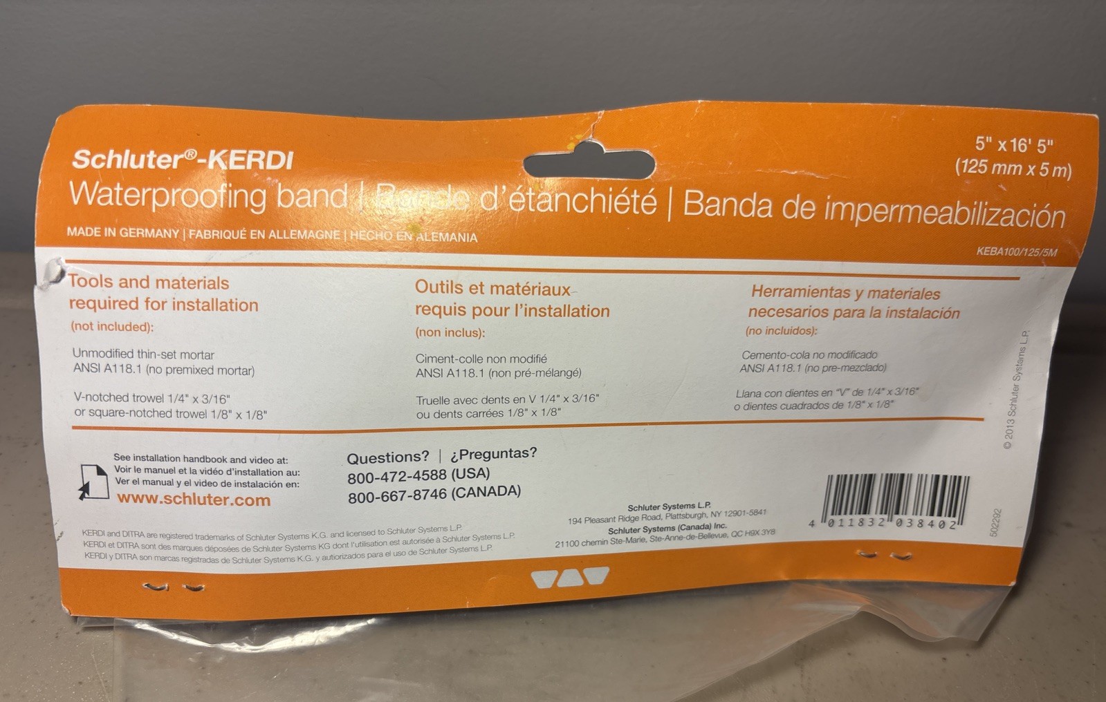 Schluter-KERDI Waterproofing Band Germany 5” x 16’ 5” New In Package