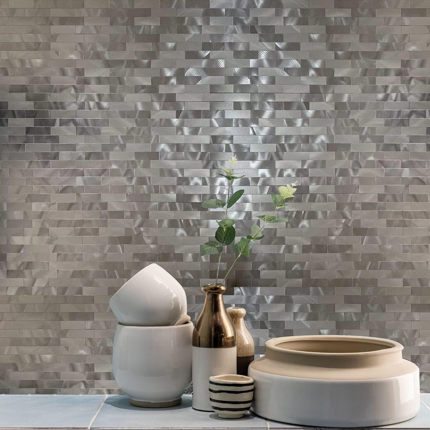 10 Sheets Backsplash for Kitchen Bathroom Self-Adhesive Metal Aluminum 3D Grey
