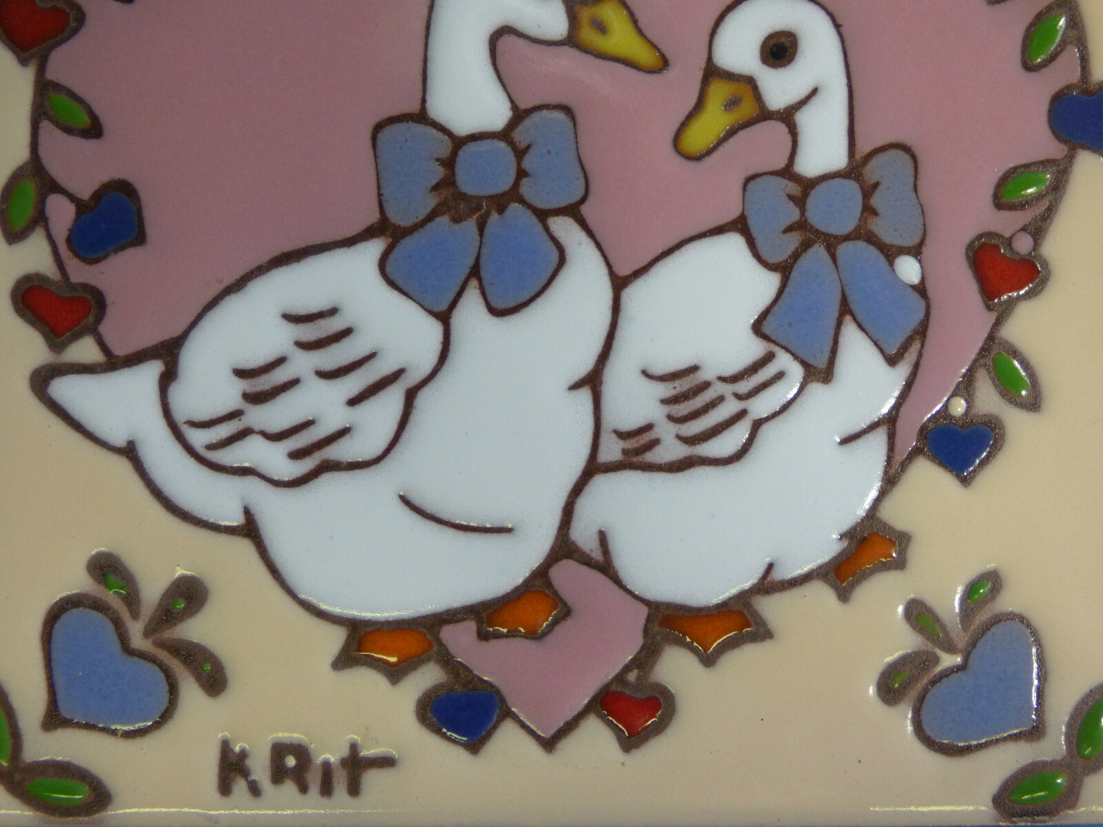 Ceramic Art Tile 6″x6″ Cute Country Geese With Hearts & Bows Trivet Wall New M49
