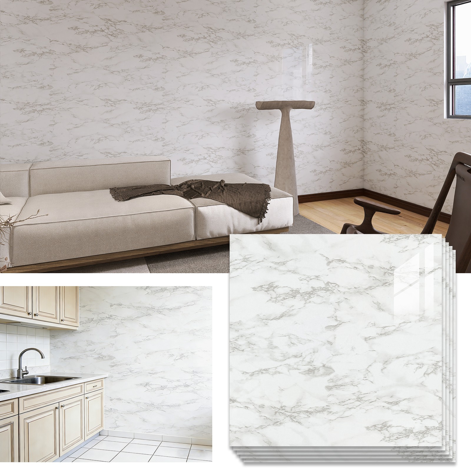50/100 Pcs Peel & Stick PVC Wall Tiles 12″ Marble Floor Wall Panels Foam Sticker
