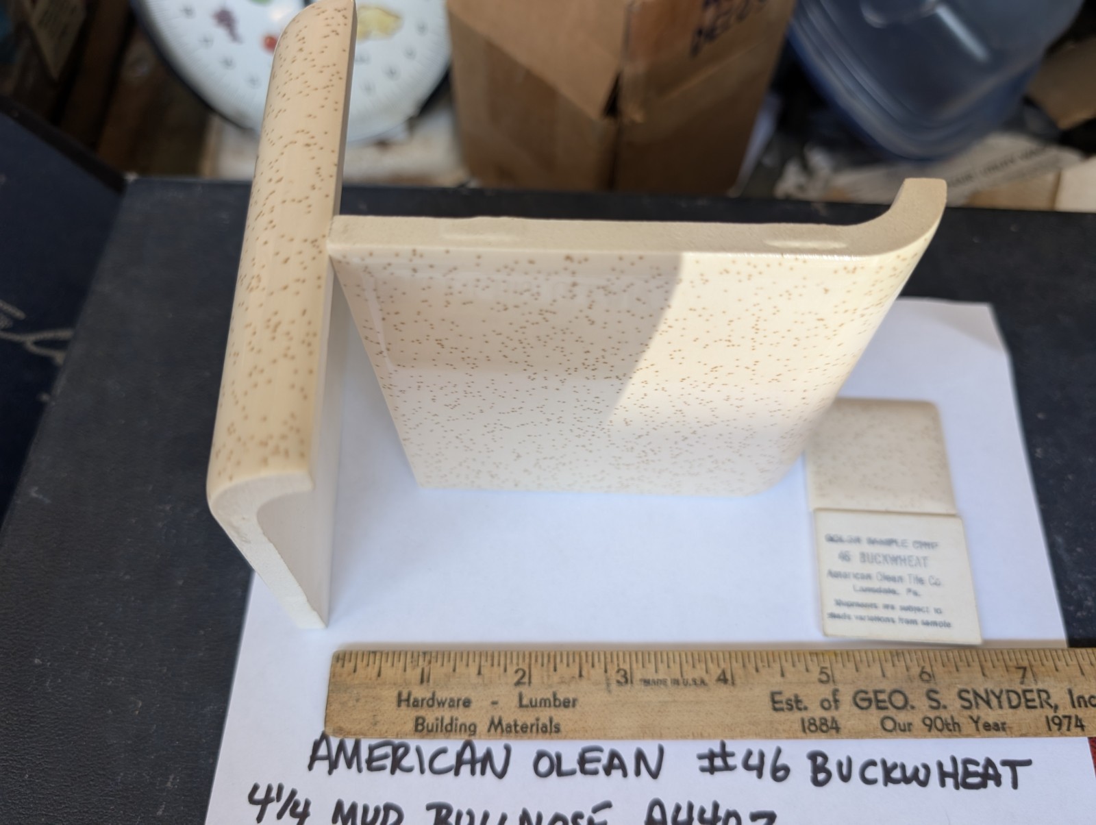 2 pc Ceramic Tile Bullnose A4402 mud cap American Olean 46 Buckwheat Beige speck