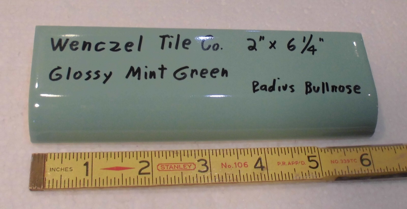 1 pc. Mint Green: Glossy Ceramic Radius Bullnose Tile: Wenczel Co. 2″ X 6-1/4″