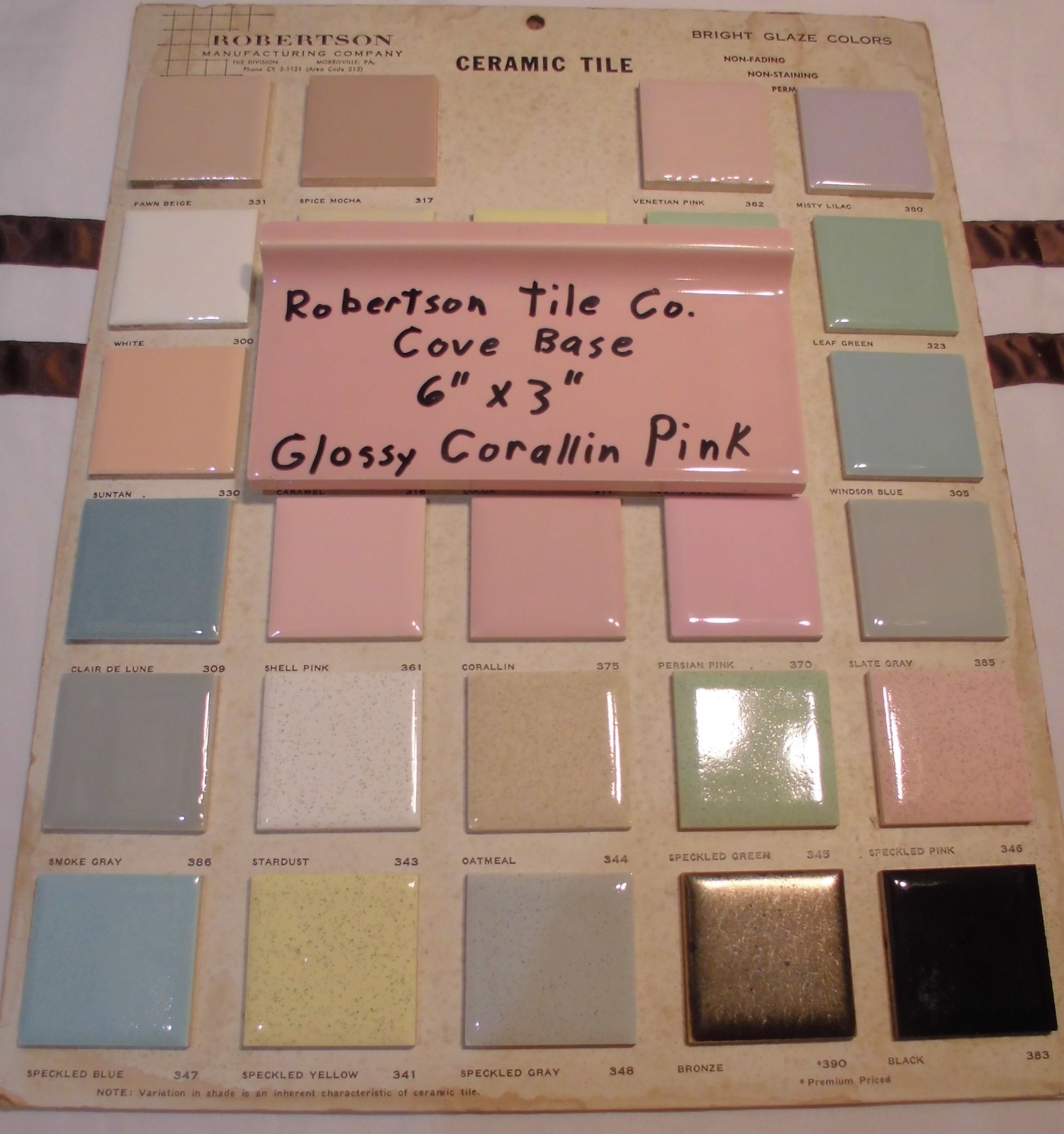 1 pc. *Corallin Pink* stack-on base/cove Ceramic Tile by Robertson Co. 3″ X 6″