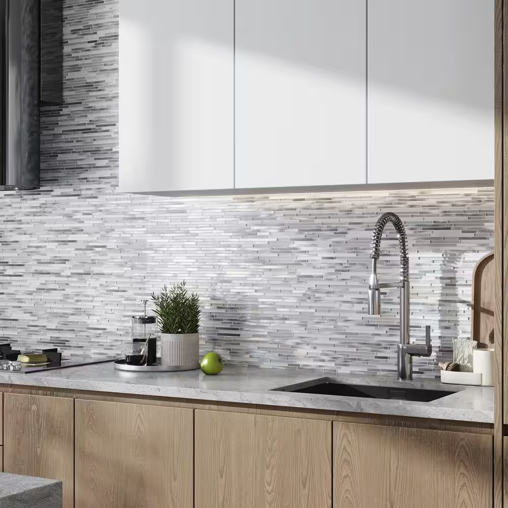 Waterfall Silver White Polished and Honed 11.8 In. X 11.8 In. Linear Glass and M