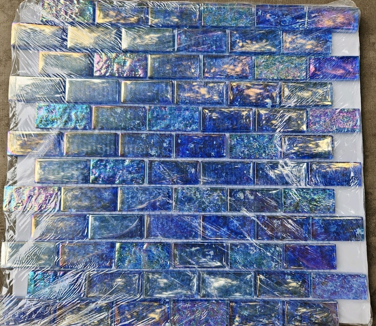Iridescent Glass Tile 3 Sheets 3 Sq.ft. Blue Brick Mosaic From Soho Studio New