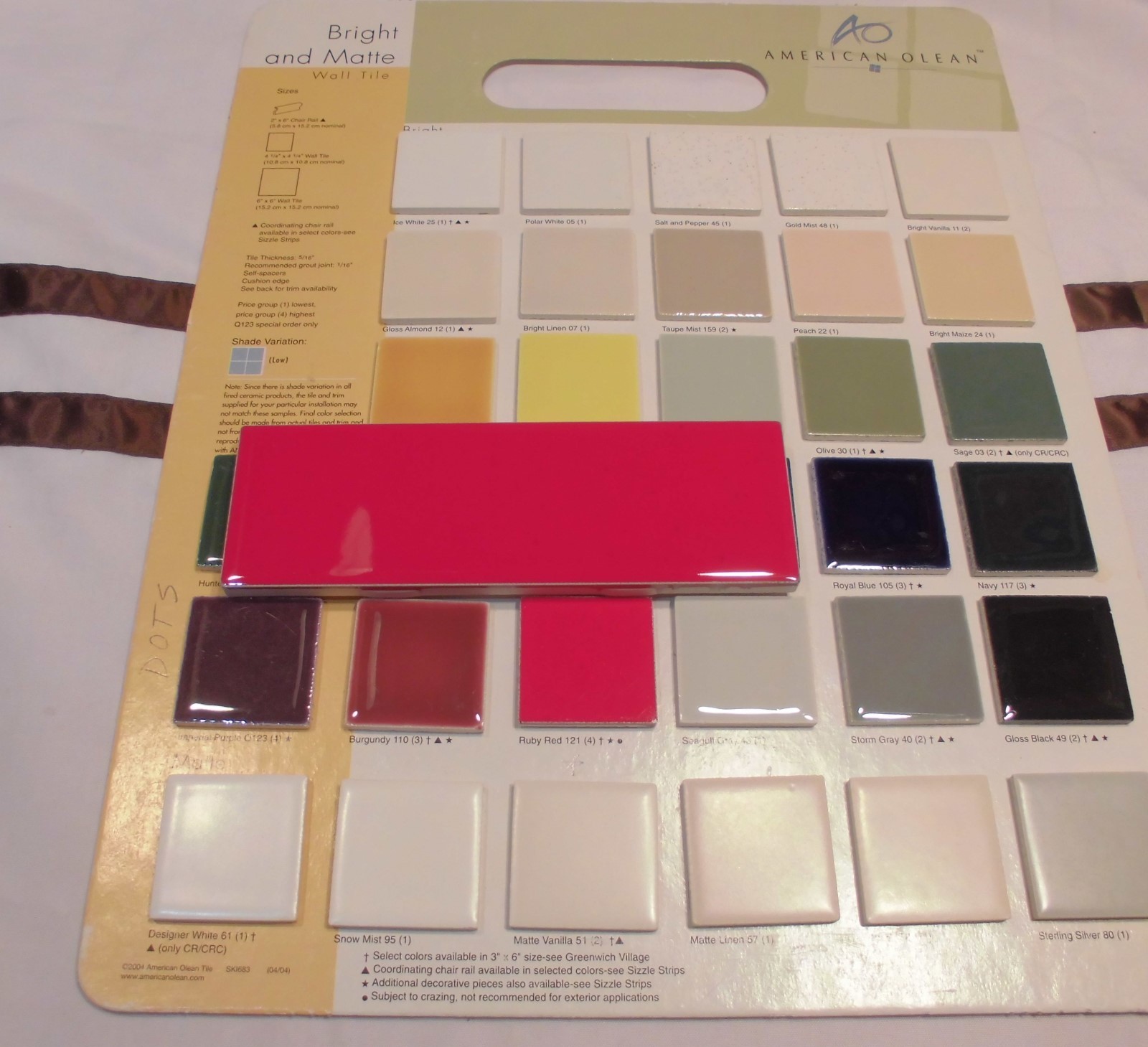 10 pcs. Glossy Ceramic Tiles *Liner/Sizzle *Ruby Red* by American Olean 2″ X 6″