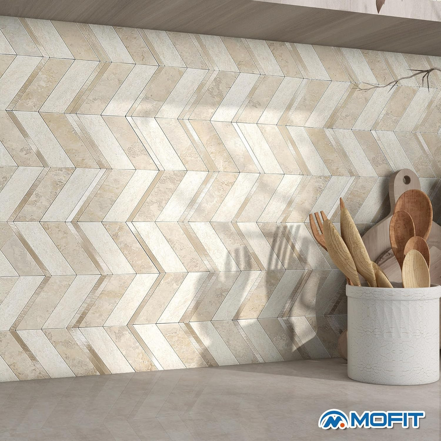 Stone Look Herringbone Peel and Stick Kitchen Backsplash Tiles – Beige, 10 Pcs