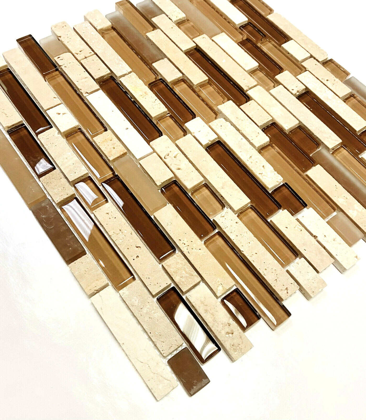 Random Linear Caramel Glass with Ivory travertine mix 11-3/4 in.x12-1/2 in. x8mm