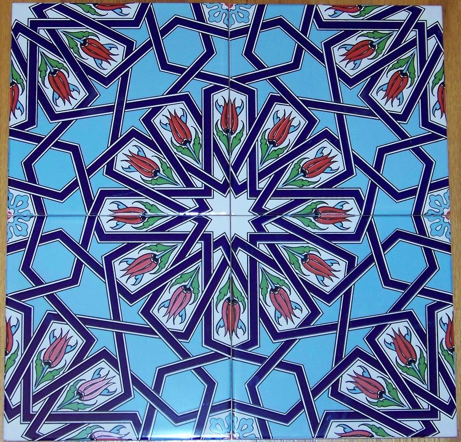 16″X16″ (40cm x 40cm) Turkish Iznik Red Tulip & Geometric Pattern Ceramic Tile