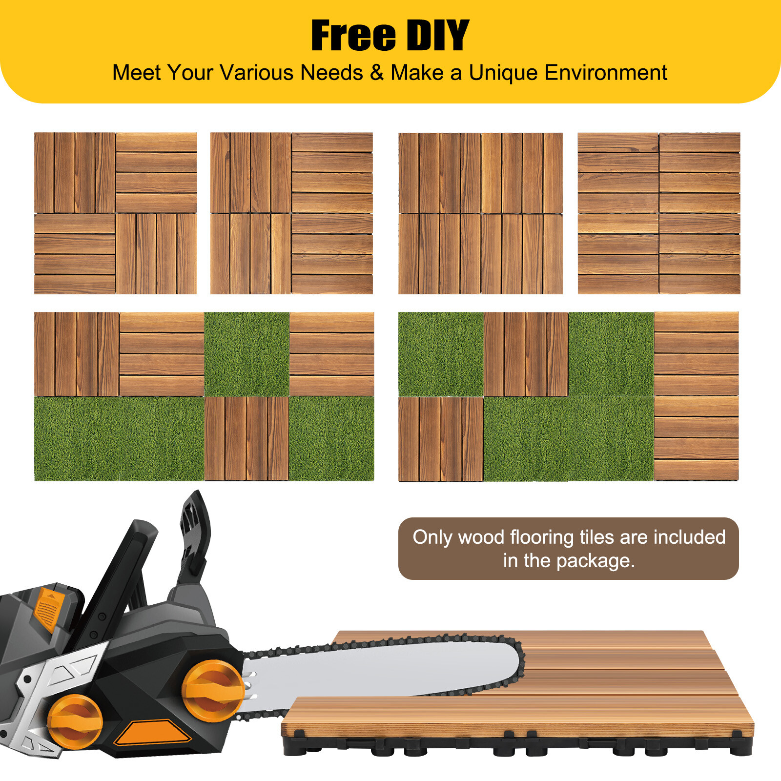 36Pcs Hardwood Interlocking Patio Deck Tiles Wood Flooring DIY Outdoor 12”x12”