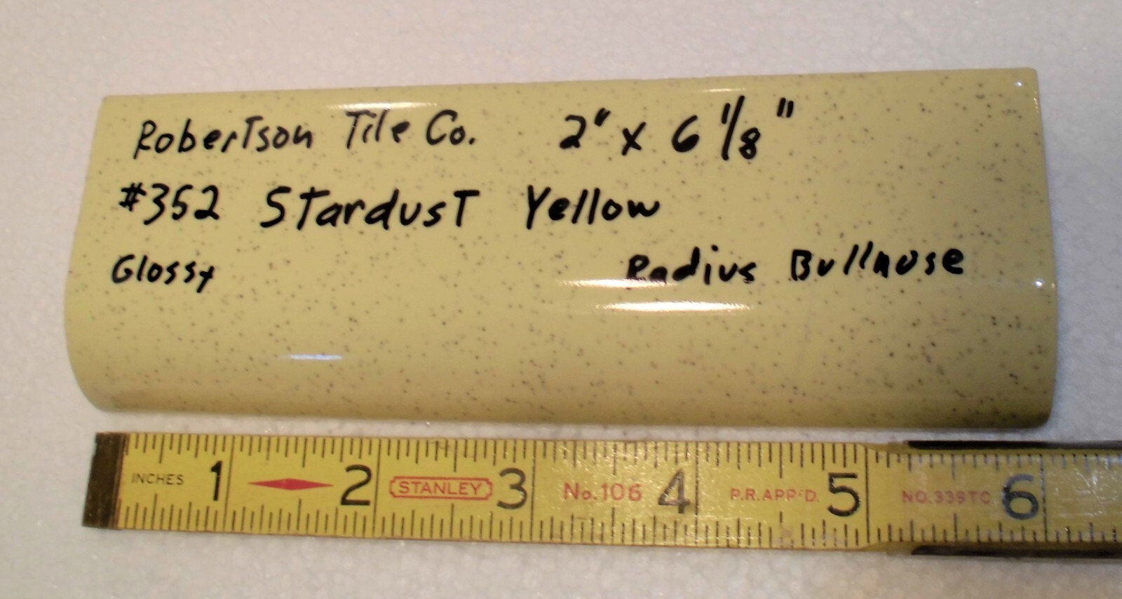 1 pc. *Stardust Yellow* Ceramic Tile; 2″ X 6-1/8″ Radius Bullnose; by Robertson