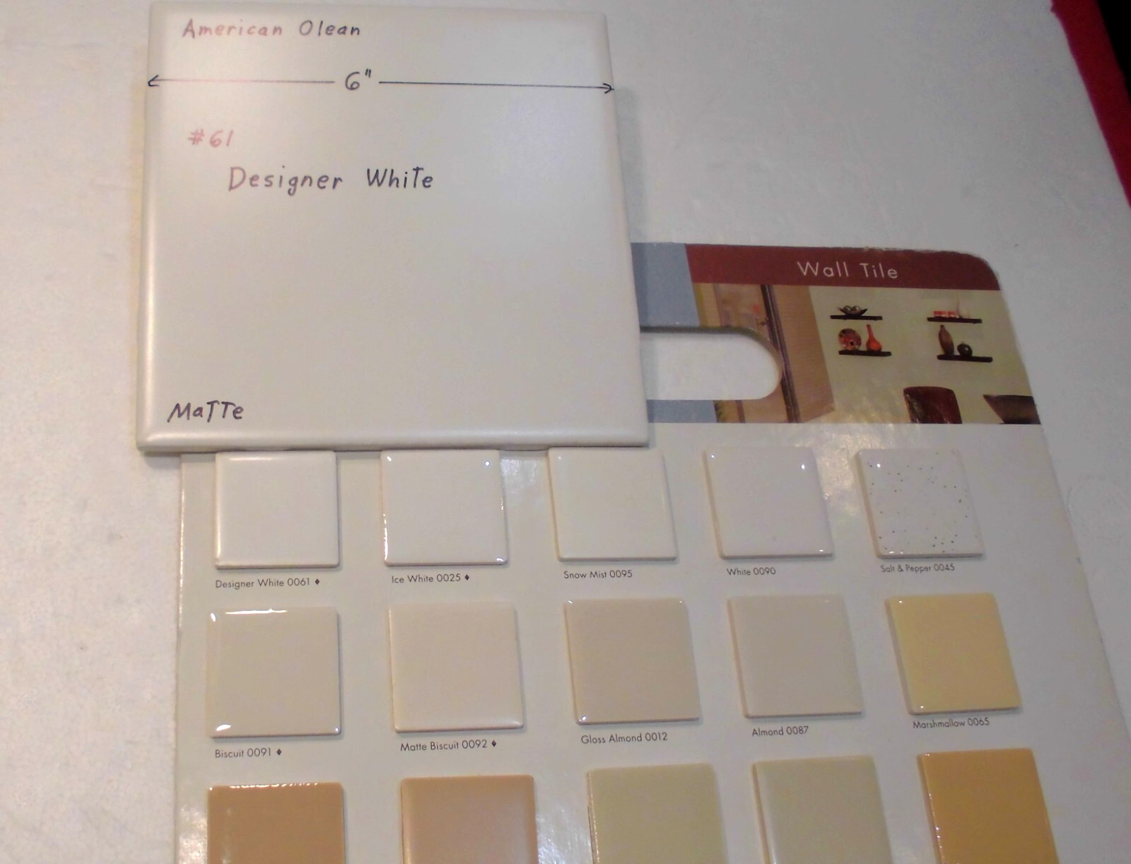 1 pc. *Matte Designer White* #61 by American Olean 6″ X 6″ Ceramic Tile: NEW