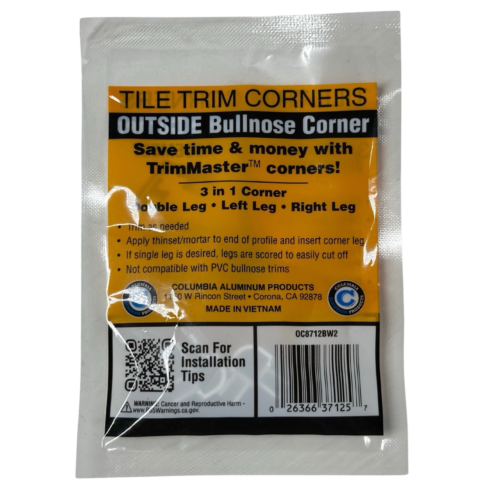 2 Pack TrimMaster Bullnose Outside Corner Tile Edging Trim White 3/8″