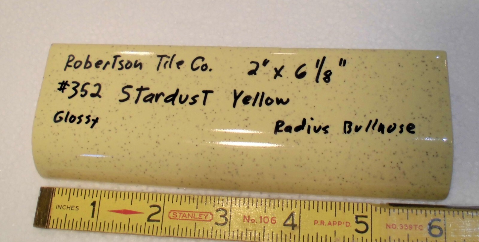 1 pc. *Stardust Yellow* Ceramic Tile; 2″ X 6-1/8″ Radius Bullnose; by Robertson