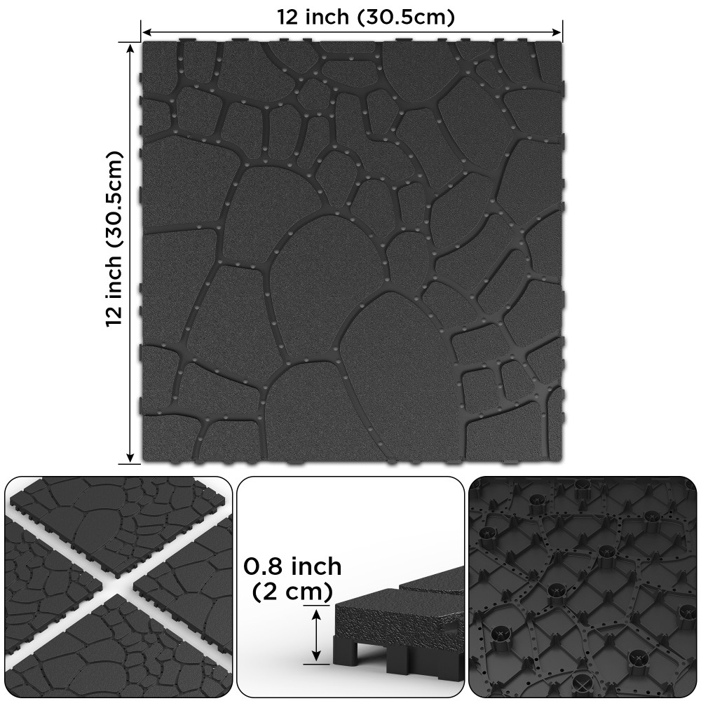 12″ Stone Texture Interlocking Deck Tiles 44Pcs Dark Gray PP Module Floor Tile