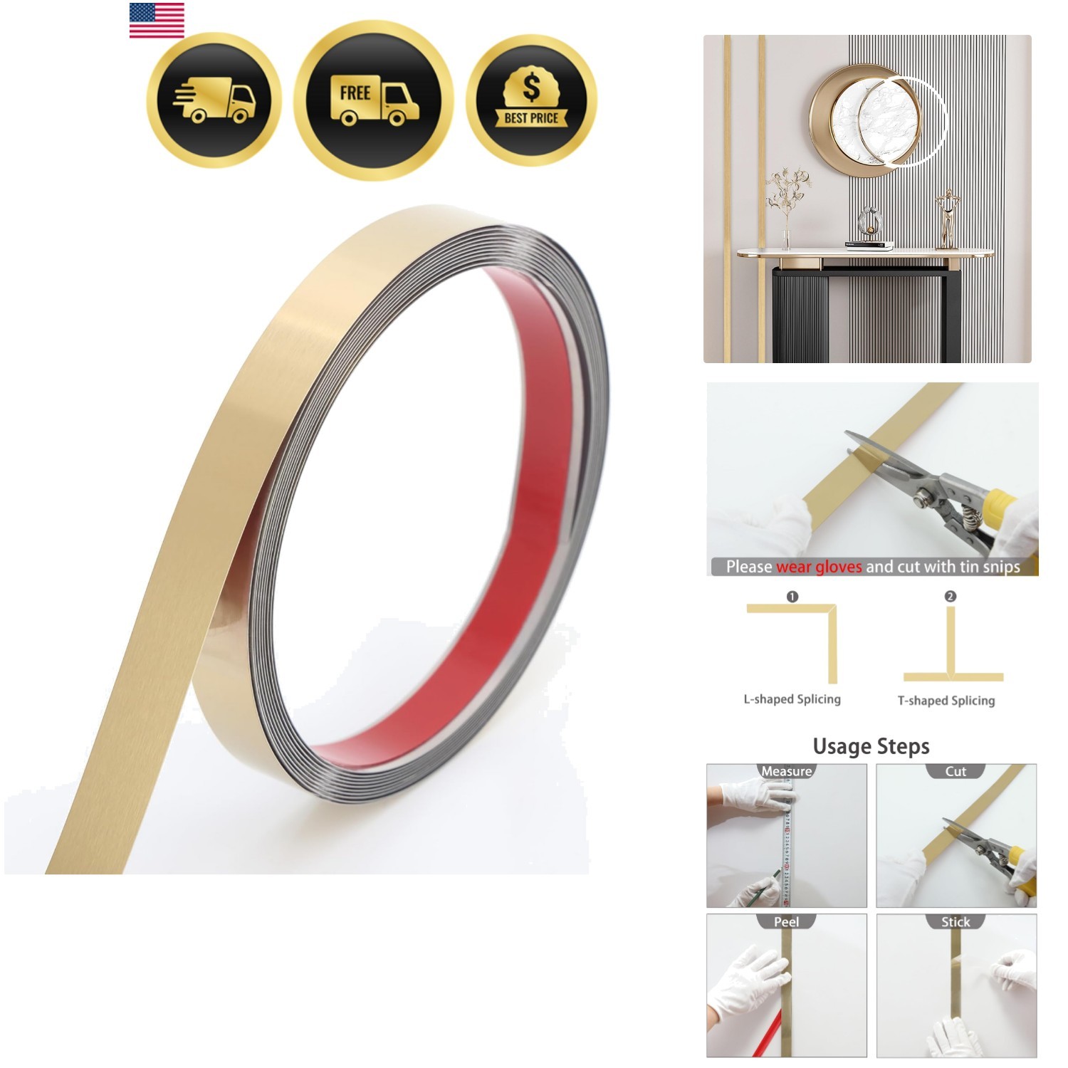 Peel and Stick Metal Molding Trim, Self-Adhesive Stainless Steel for Wall, Fi…